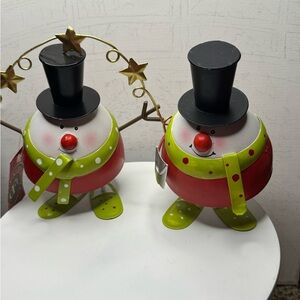 Festive Snowman Figurines with Black Hats and Red Coats
